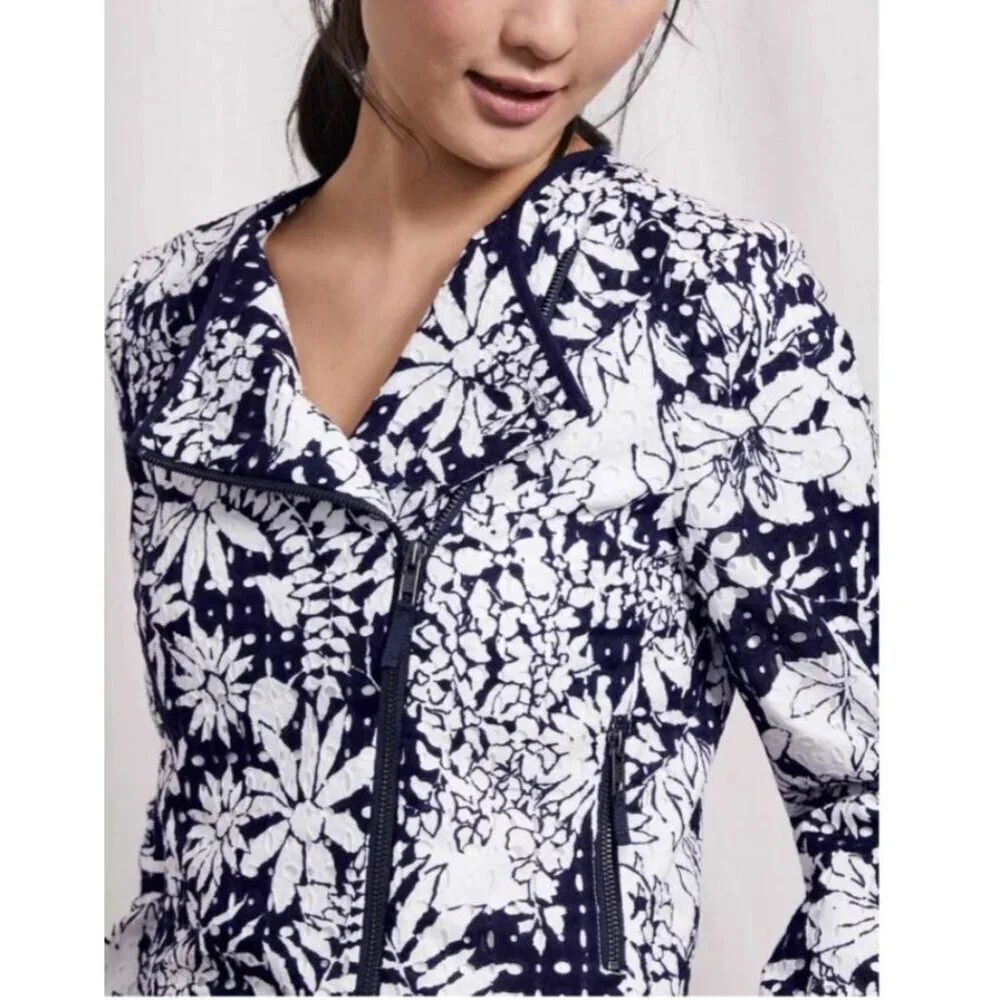 Boden Amelie Broderie Biker Jacket Sz 10 White Black Zip Front Floral Officewear
